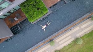 an overhead view of a person swimming in a swimming pool at Zensala Riverpark Resort-SHA Extra Plus in Chiang Mai