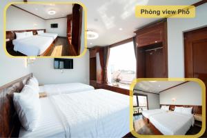 2 fotografias de um quarto com 2 camas e uma fotografia com vista para a fotografia em Minh Quang Hotel em Dong Hoi