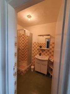 een badkamer met een douche, een wastafel en een bad bij Apartments Nina - free private parking in Seget Vranjica