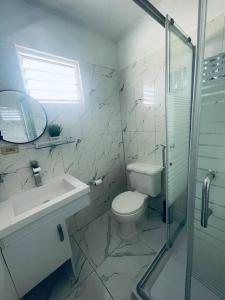 ein Bad mit einem WC, einem Waschbecken und einer Dusche in der Unterkunft Real Luxe Getaway-Club Caribbean in Salem