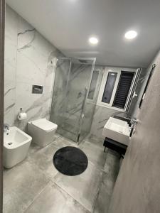 uma casa de banho com um chuveiro, um WC e um lavatório. em B&b Vittoria House em Carlentini