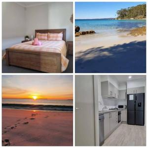 a series of four pictures of a bedroom and a beach at JervisBayStays TheSanctuaryOne in Sanctuary Point