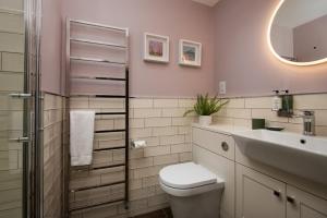 a bathroom with a toilet and a sink and a mirror at Owl Cottage in Morpeth +7 photos