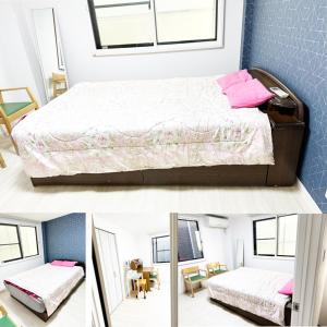 due immagini di una camera da letto con un letto e uno specchio di 花乃郷 本郷 a Tokyo