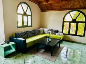 a living room with a couch and two windows at Apartman Tóth György in Bačka Topola