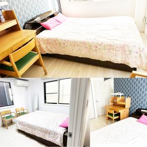 two pictures of a bedroom with two beds and a desk at 花乃郷 本郷 in Tokyo