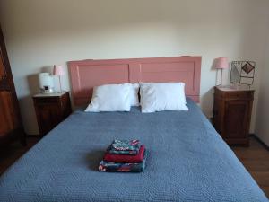 a bed with two pillows and two towels on it at Les Terrasses du Phenix in Saint Alban Auriolles