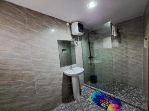 ein Bad mit einem Waschbecken und einer Dusche in der Unterkunft Igbalode Luxury Apartment in Ibadan