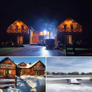 dos fotos de una casa con nieve y luces en Sielanka Mazurska Świętajno, en Świętajno