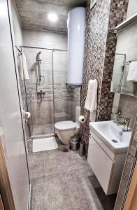 a bathroom with a shower and a toilet and a sink at Xelibri Apartment in Gorna Oryakhovitsa