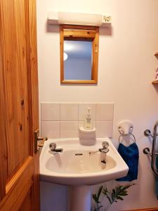 a bathroom with a white sink and a mirror at Kishorn Seaside House - Bed and breakfast in Strathcarron
