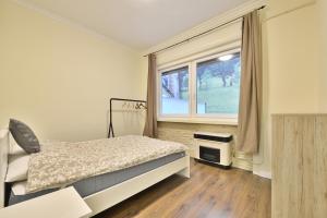 a bedroom with a bed and a window at Central apartment, Kis Diofa in Budapest
