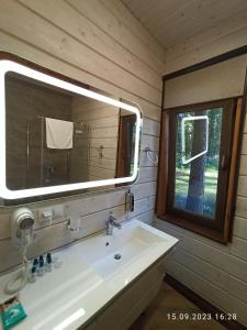 uma casa de banho com um lavatório e um espelho em Явір Резорт em Starychi