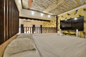 una camera con un grande letto e una TV a schermo piatto di Lovely studio apartment, Fiumei a Budapest