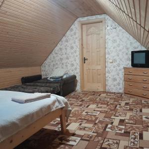 een kamer met een bed, een tv en een deur bij Котеджі "У Яни" in Yablunytsia