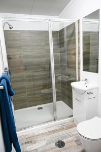uma casa de banho com um chuveiro e um WC. em Kiambram Country Cottages em Gowrie Little Plain