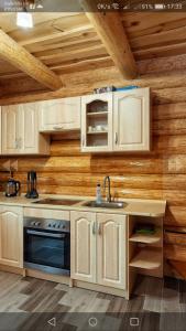 cocina con armarios de madera, fregadero y fogones en VanMarri, en Vyshka