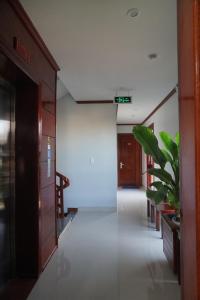 a hallway of an office building with a plant at Minh Quang Hotel in Dong Hoi