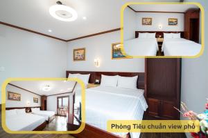 two pictures of a hotel room with two beds at Minh Quang Hotel in Dong Hoi