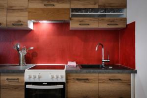 kuchnia z białym piecem i czerwoną ścianą w obiekcie Veraltenhof Agriturismo B&B w mieście Tires