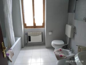 a bathroom with a toilet and a sink and a window at Casale immerso nel bosco a Casalborgone con piscina all'aperto in Casalborgone