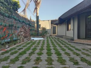einen Innenhof mit Pflanzen auf einem Gehweg neben einem Gebäude in der Unterkunft Executive Guest House Randfontein in Randfontein