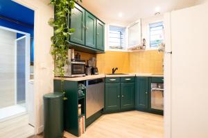 eine Küche mit grünen Schränken und grünen Pflanzen in der Unterkunft L'Exotique - T2 Proche Paris & Bois de Vincennes in Saint-Mandé