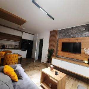 a living room with a couch and a flat screen tv at Apartman Lux-besplatno korišćenje zasebne garaže in Sremska Mitrovica