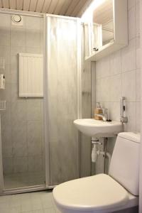 a bathroom with a shower and a toilet and a sink at Norden Homes City Centre 2-Bedroom Apartment + Free Parking in Turku