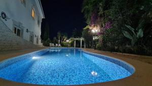 a swimming pool at night with blue water at Silver Coast Village in Maceira