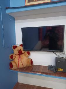 Um urso de peluche sentado numa prateleira debaixo de uma televisão. em JBP HOME STAY em Prayagraj