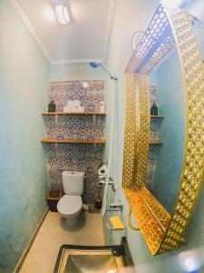 a bathroom with a toilet and a mirror at Atlantic Vibes Surf Hostel in Tamraght Ouzdar