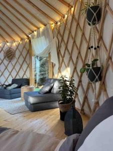 a yurt room with a couch and plants in it at Aughavannagh Yurt Glamping in Aughrim