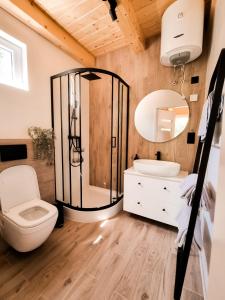 uma casa de banho com um chuveiro, um WC e um lavatório. em Stacja Alpaka Mały Domek z Balią nad Zalewem Chańcza em Raków