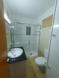 a bathroom with a shower and a sink and a toilet at Stunning Spacious 2-Bed Apartment in Liopetri in Liopetri
