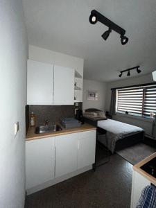 una cocina con fregadero y una cama en una habitación en Impasse 3, en Fosses-La-Ville