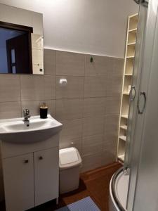 a bathroom with a sink and a toilet and a shower at Pokoje Gościnne Impresja Kadzidło in Kadzidło