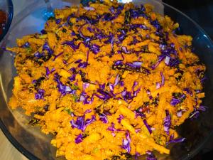 a glass bowl filled with colorful food on a table at Kathmandu View Hotel in Kathmandu