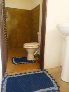 a bathroom with a toilet and two blue rugs at Chalé dos Lírios in Alto Paraíso de Goiás