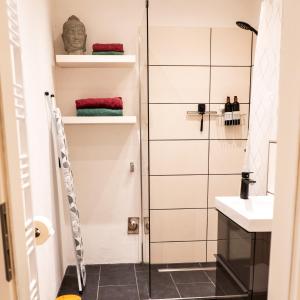 ein kleines Bad mit einer Dusche und einem Waschbecken in der Unterkunft M Apartment Charme - gemütlich geräumig heimisch in Landau in der Pfalz