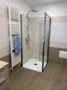 La salle de bains est pourvue d'une douche avec une porte en verre. dans l'établissement MASO CLENA, à Balbido-rango