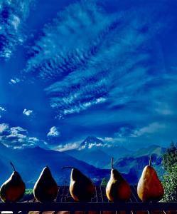 een groep vogels die bovenop een tafel zitten bij Sunny guesthouse in Kazbegi