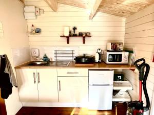 a small kitchen with white cabinets and a microwave at Primrose Cabin in Dorchester