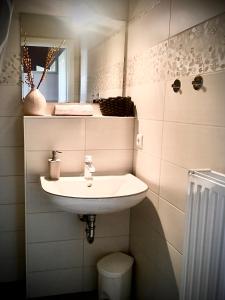 a bathroom with a white sink and a toilet at Pension alter Fehrbelliner Bahnhof in Fehrbellin