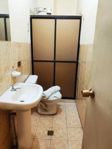 La salle de bains est pourvue de toilettes et d'un lavabo. dans l'établissement Cálido Garzonier en Sopocachi, à La Paz