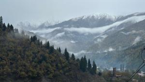 a misty mountain valley with trees and snow covered mountains at ლენტეხის მთის სასტუმრო - Lentekhi Mountain Inn in Lentekhi