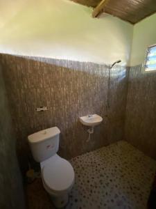 uma casa de banho com um WC e um lavatório em Lodge au paradis fleuri 