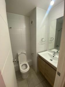 y baño con aseo, lavabo y espejo. en Habitacion Grande con baño privado en departamento compartido en Santiago