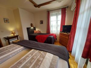 a bedroom with two beds and a television and a window at Titi Family Apartman in Bük
