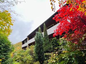 a building with red leaves and trees in front of it at Vor lauter Bäumen B&B in Zorge